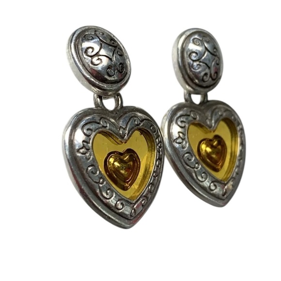 BRIGHTON Free Floating Encased Gold HEART Silver Drop Dangle Pierced Earrings - Picture 2 of 3